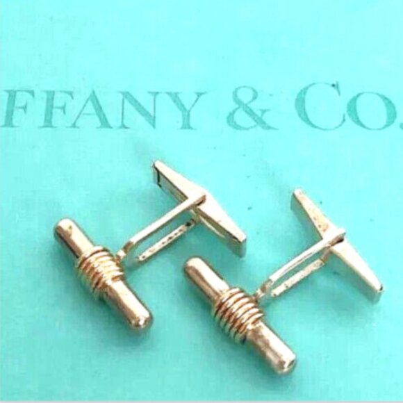Tiffany & Co Silver & Gold Bar Cuff Links & Pouch Vintage - Picture 1 of 7